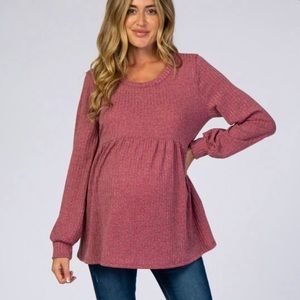 Pink Blush Maternity - Mauve textured knit babydoll long sleeve maternity top.